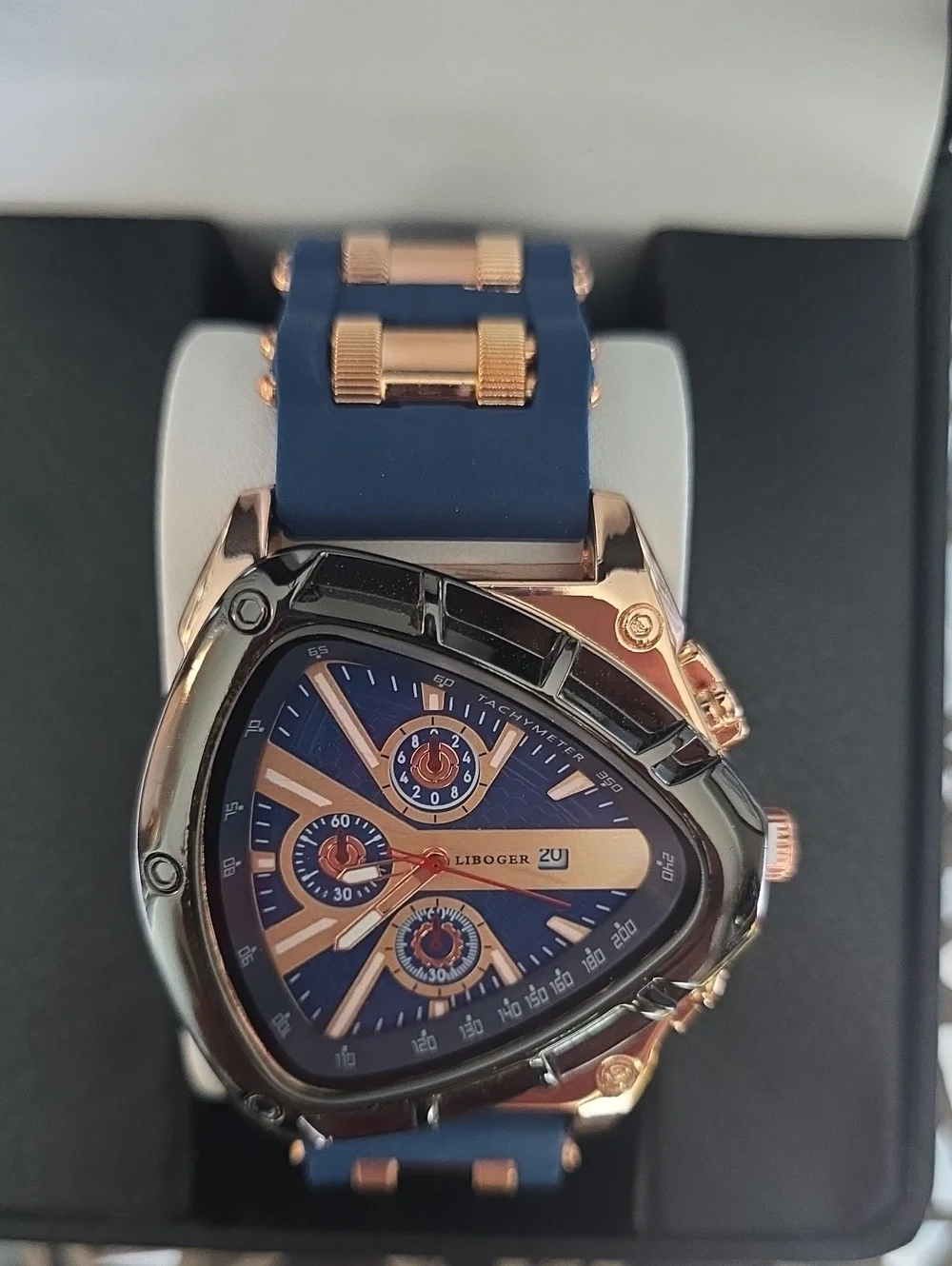277.   Unique Triangular Men's Chronograph Watch - Navy & Rose Gold